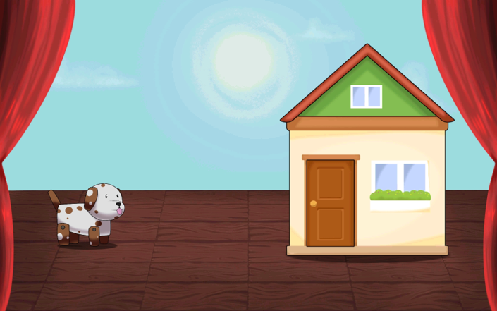 immagine di esempio del gioco Casetta Magica,  a destra un cagnolino a sinistra  una casetta