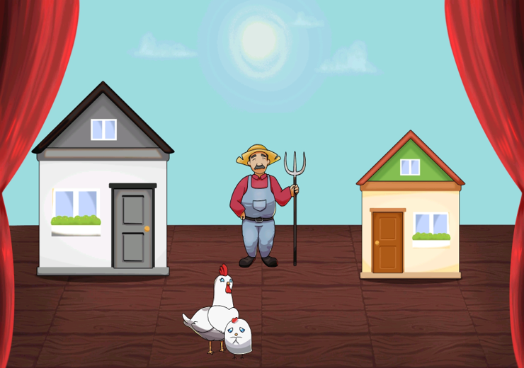 immagine di esempio del gioco Mamma e cuccioli,  dove si vedono le due casette una più piccola e una più grande con al centro un contadino e davanti una gallina con il suo pulcino