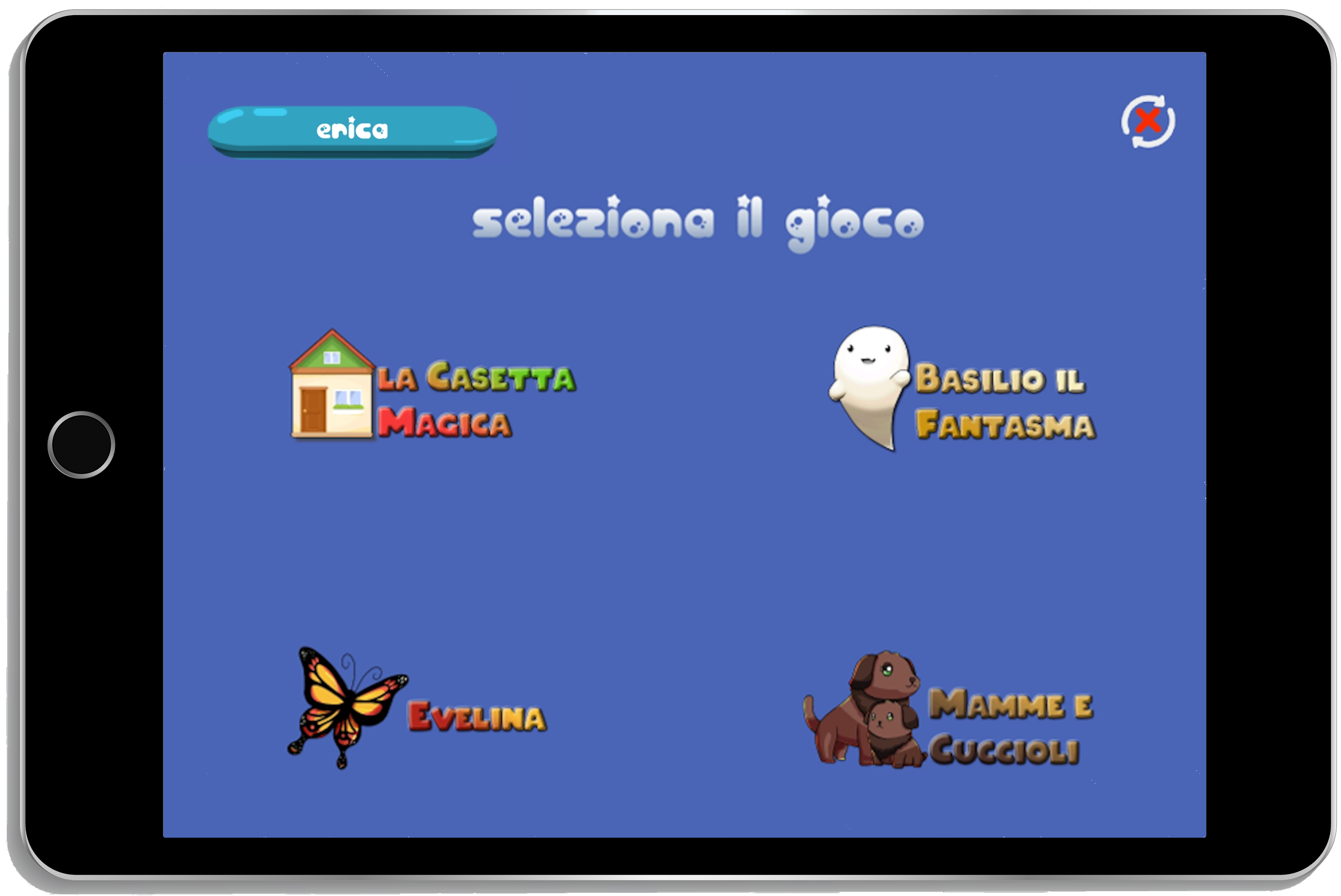 immagine di un tablet con mostrata l'interfaccia principale dei quattro giochi contenuti nella app